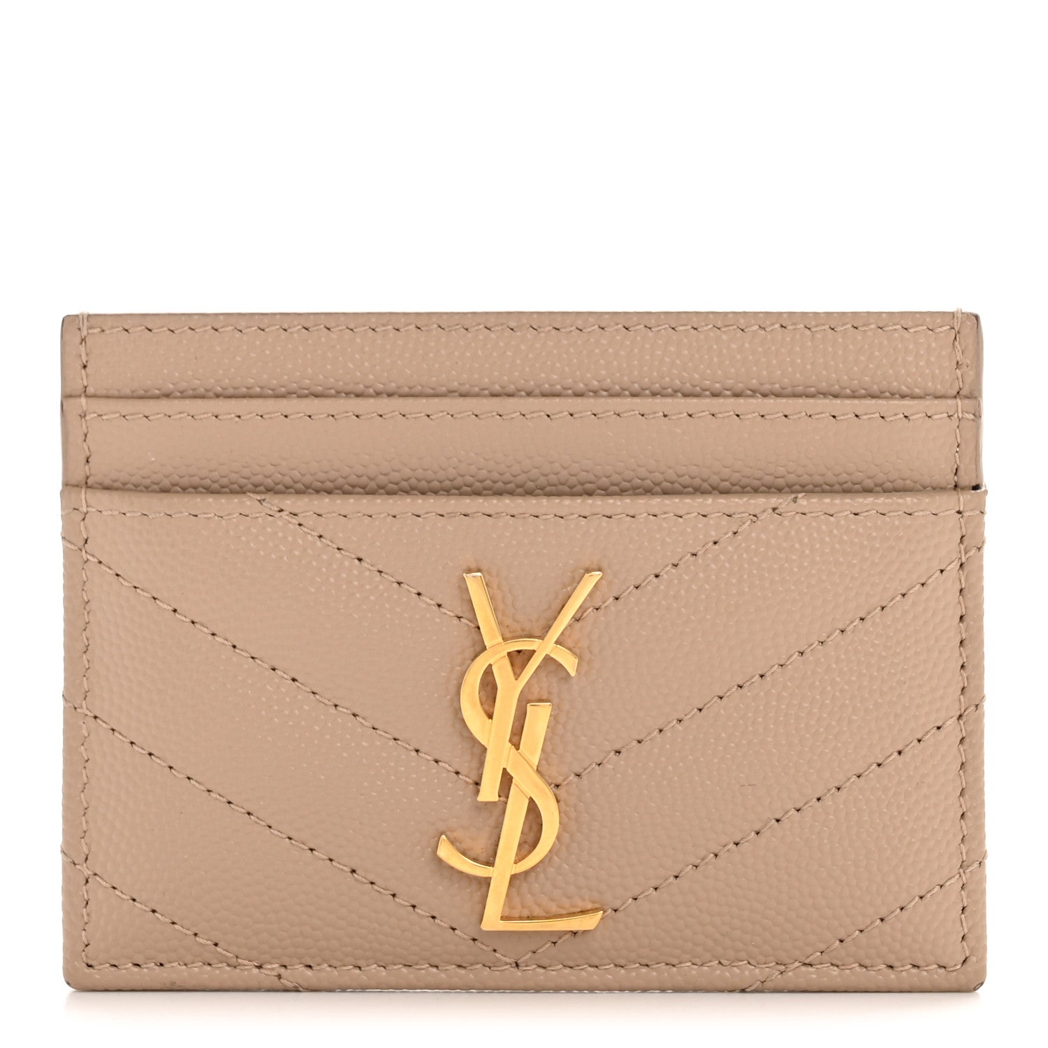 Saint Laurent Grain De Poudre Matelasse Chevron Monogram Credit Card Case Dark Beige 1 of 9
