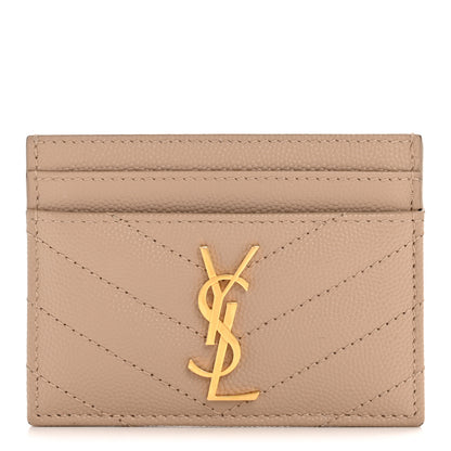 Saint Laurent Grain De Poudre Matelasse Chevron Monogram Credit Card Case Dark Beige 1 of 9