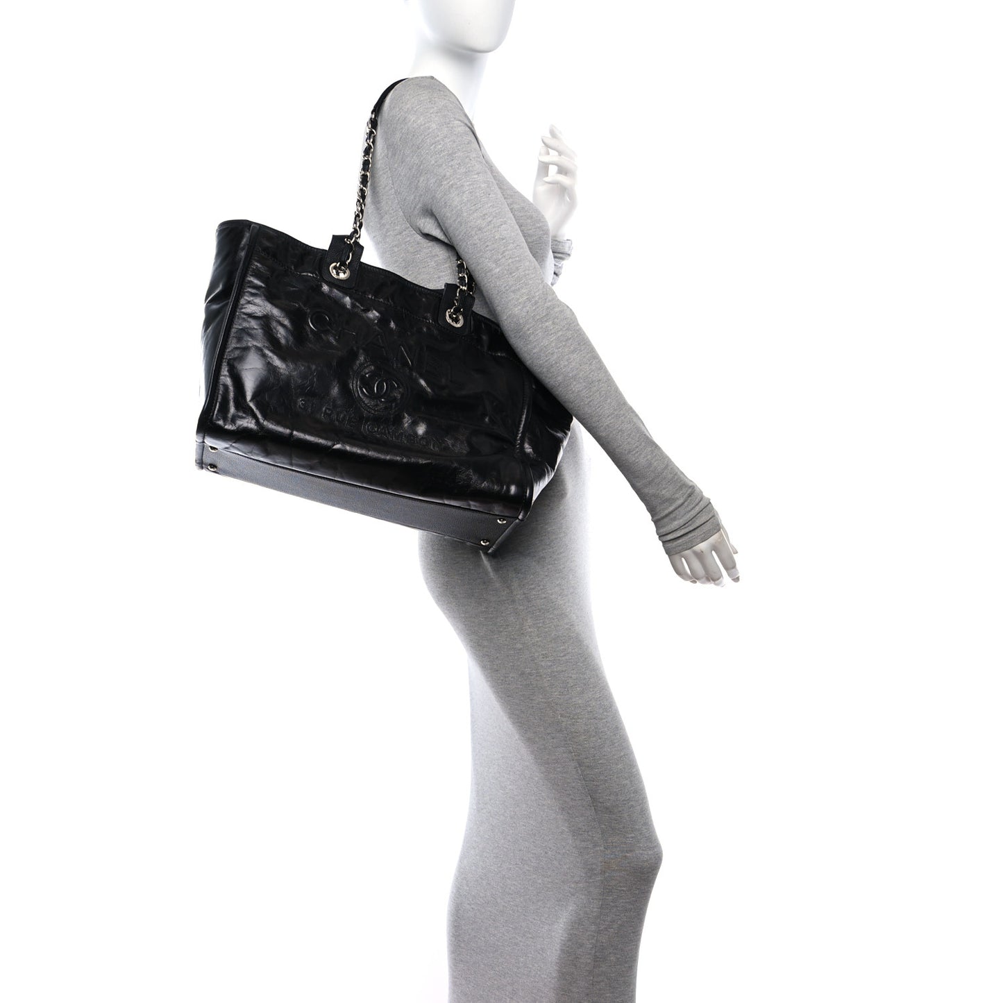 Glazed Calfskin Medium Deauville Tote Black