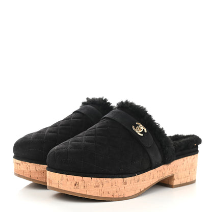 Chanel Suede Calfskin Shearling Turn Lock Clogs 39 Black 3 of 8