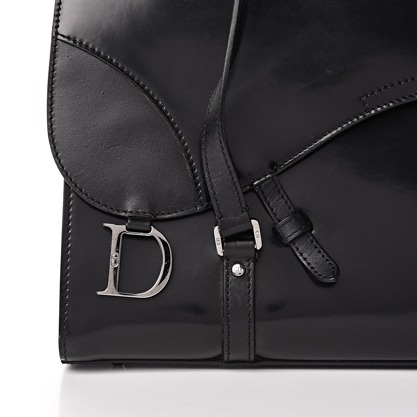 Glazed Calfskin Saddle Shopper Black