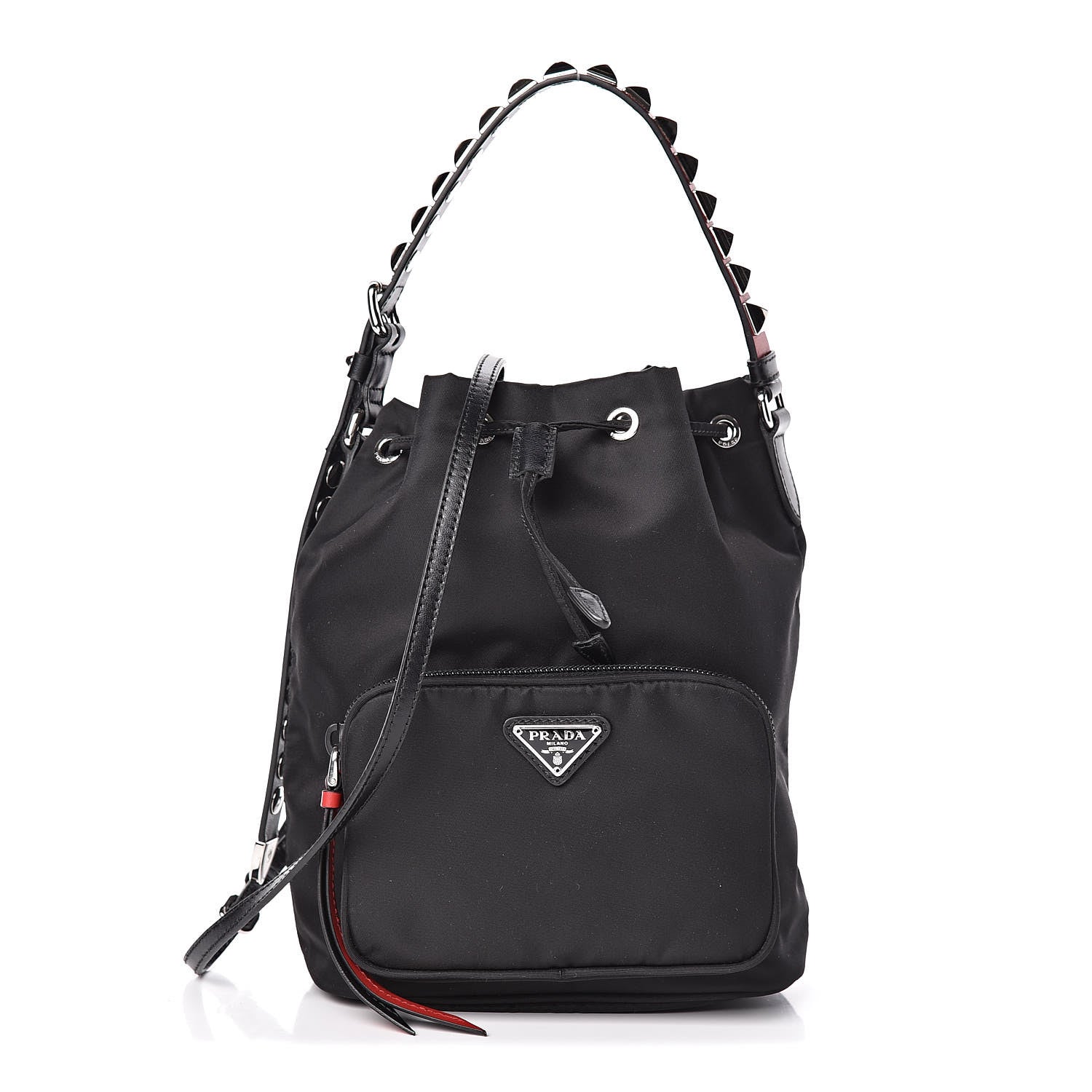 Prada Tessuto Nylon Studded New Vela Mini Bucket Crossbody Bag Black Fuoco 1 of 10