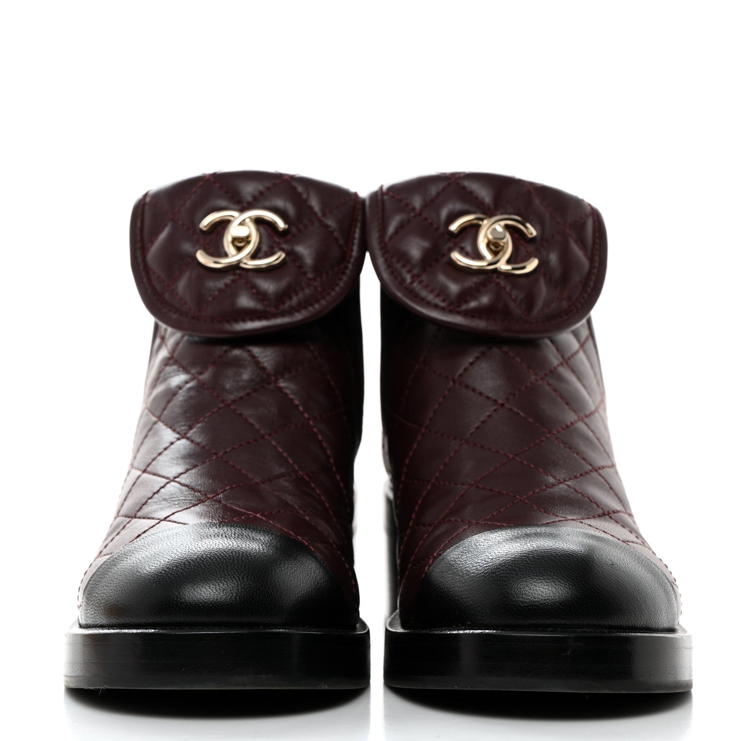 Chanel Lambskin Quilted Cap Toe CC Turnlock Booties 36 Burgundy Black 2 of 9