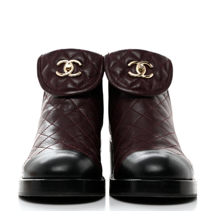 Chanel Lambskin Quilted Cap Toe CC Turnlock Booties 36 Burgundy Black 2 of 9