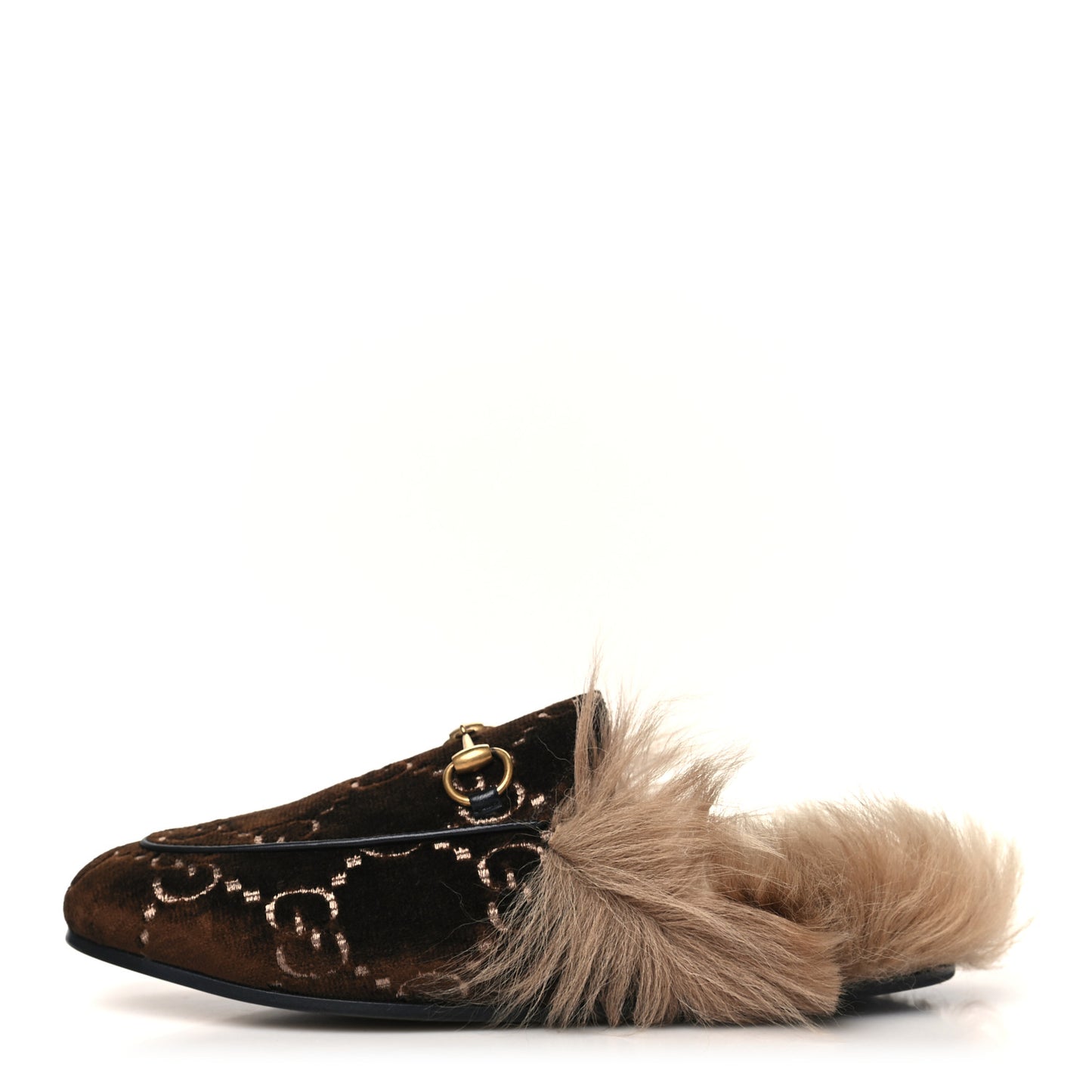 Velvet GG Monogram Fur Womens Princetown Slippers 36 Brown Black Natural