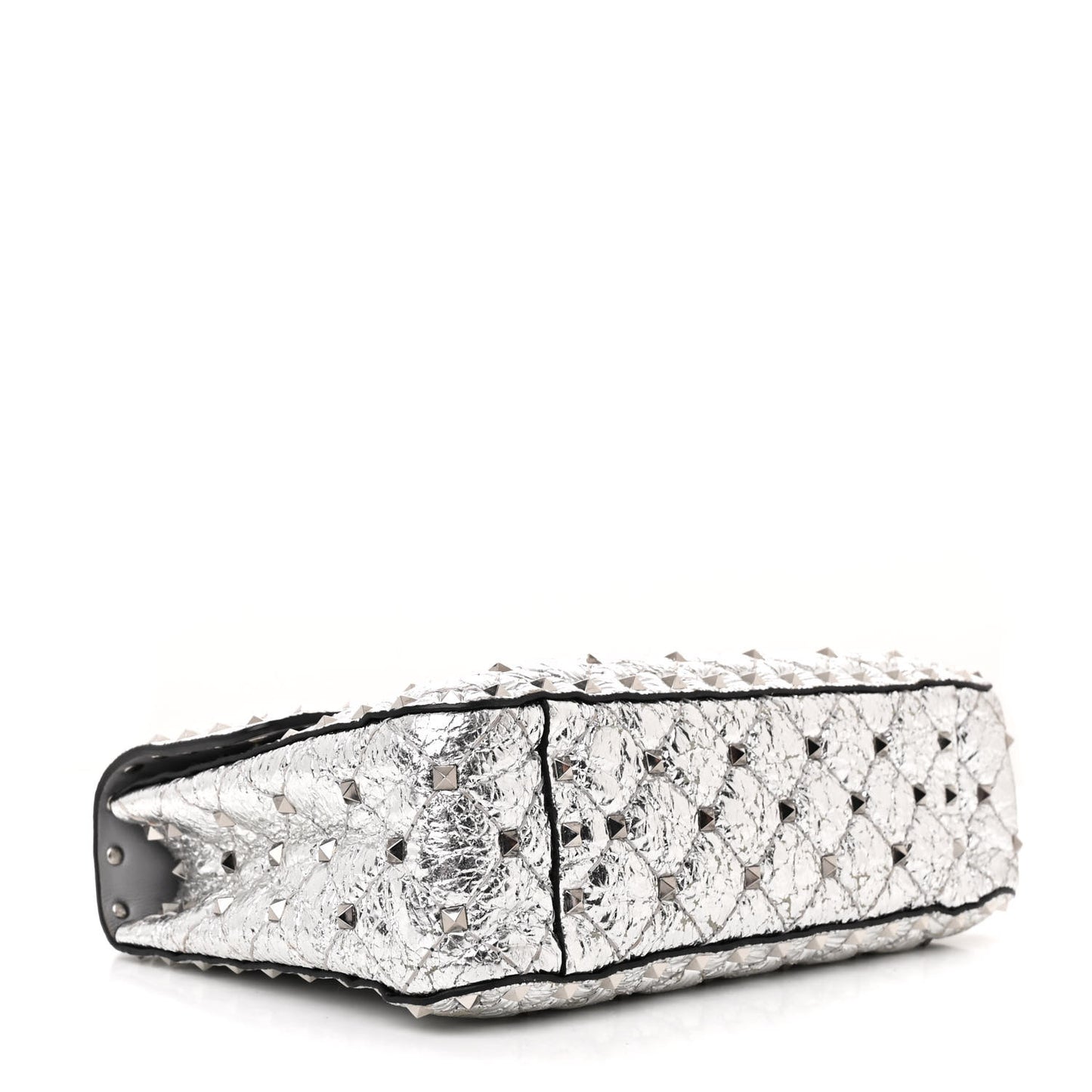 Metallic Craquele Nappa Medium Rockstud Spike Shoulder Bag Silver
