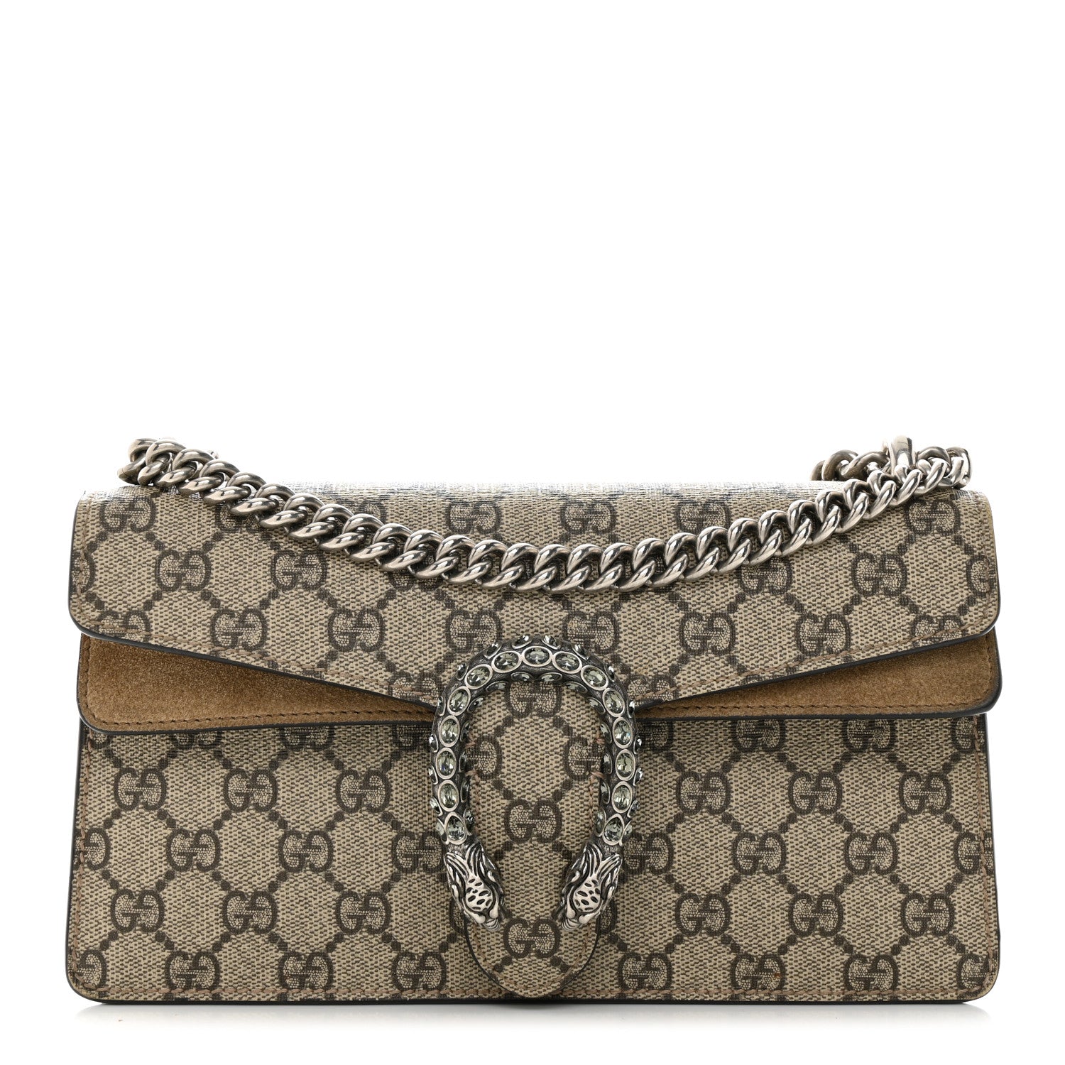 Gucci GG Supreme Monogram Suede Crystal Small Dionysus Shoulder Bag Beige Ebony Taupe 1 of 14