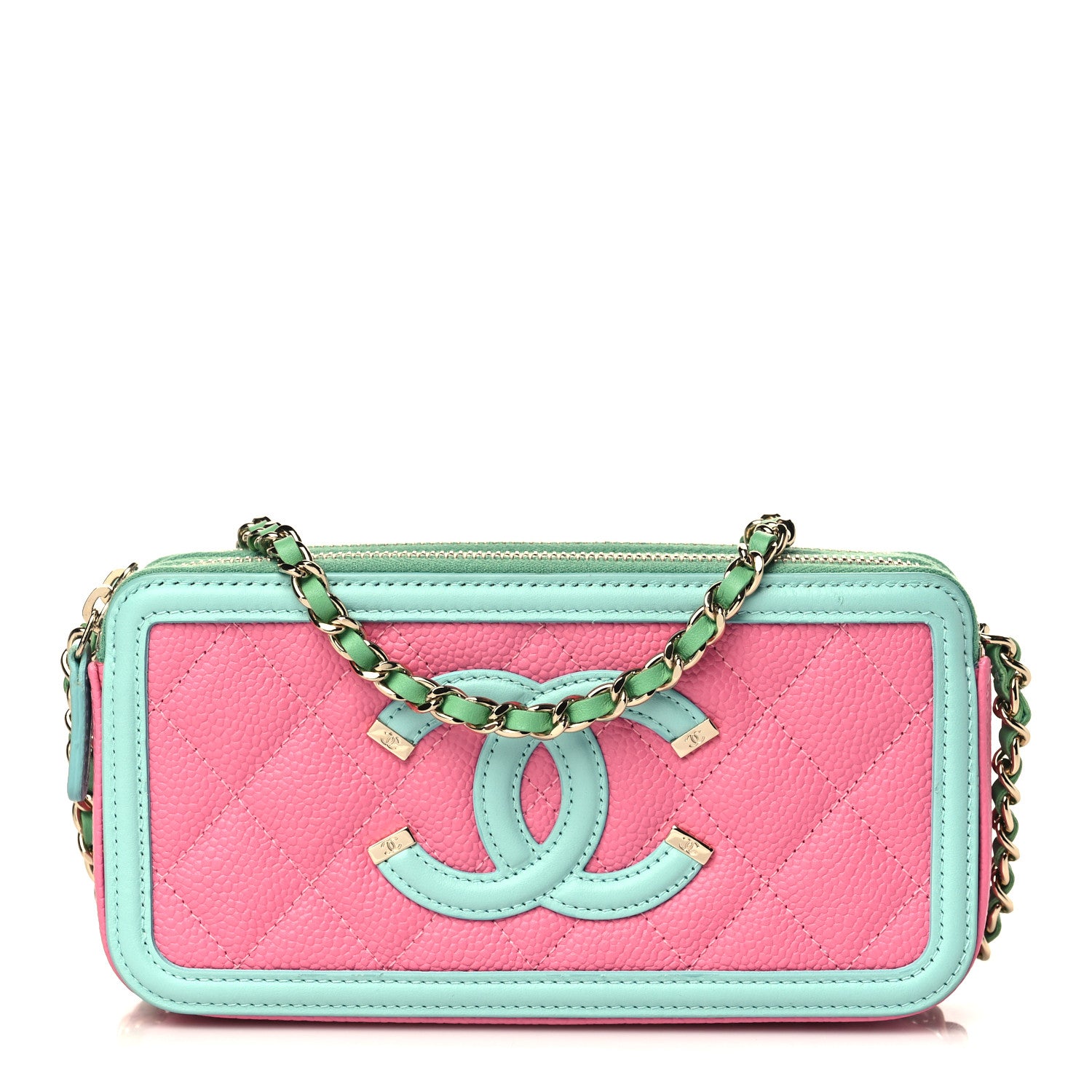 Chanel Caviar Quilted CC Filigree Clutch With Chain Pink Green Blue 1 of 10