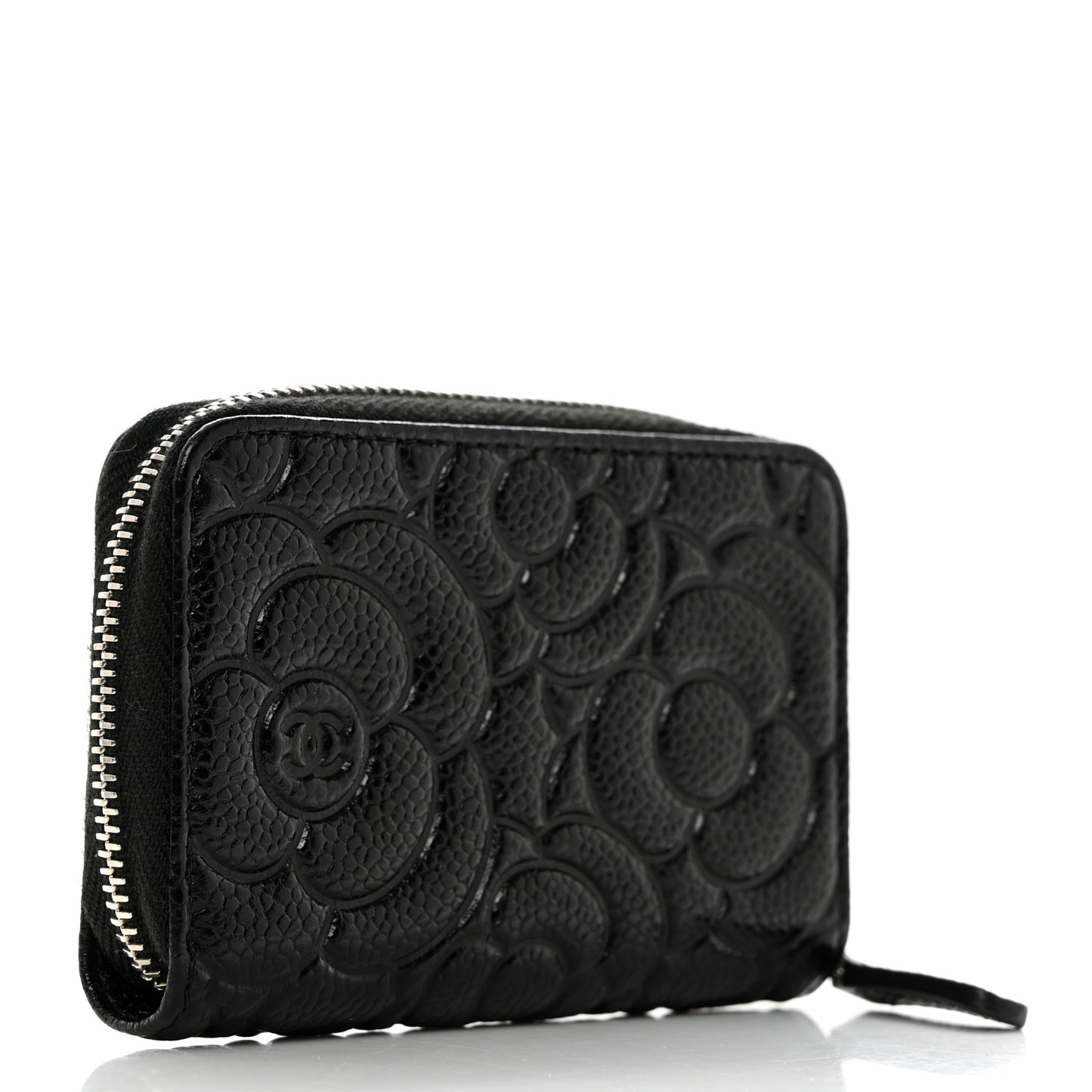 Caviar Camellia Embossed Zip Coin Purse Black