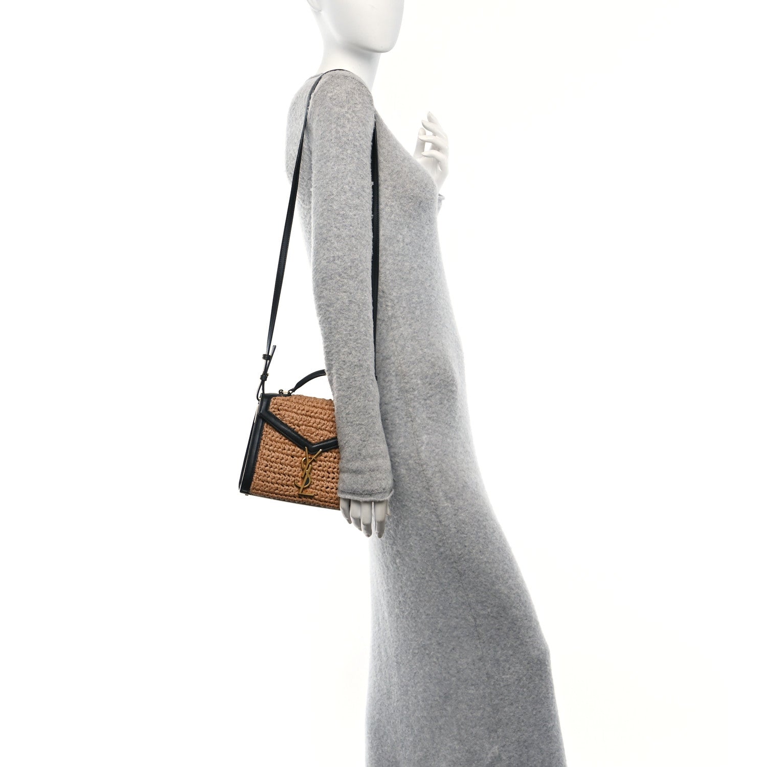 Saint Laurent Raffia Calfskin Mini Classic Monogram Cassandra Top Handle Black Natural 2 of 10