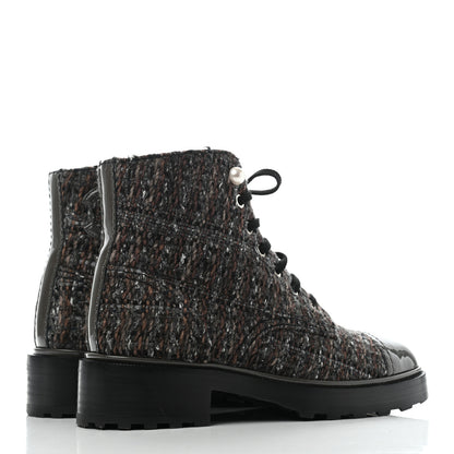 Chanel Tweed Patent Calfskin Pearl Combat Short Boots 37.5 Brown Black Grey 4 of 10