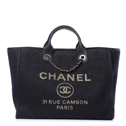 Chanel Lurex Canvas Medium Deauville Tote Navy Blue Gold 1 of 10