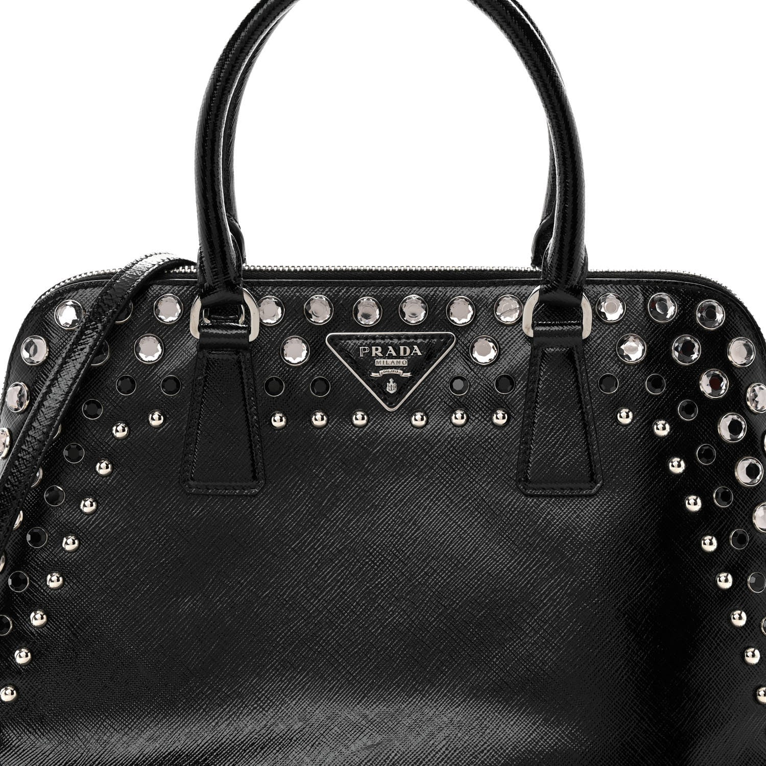 Prada Saffiano Vernice Small Crystal Pyramid Bag Black 8 of 16