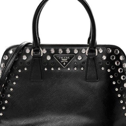 Prada Saffiano Vernice Small Crystal Pyramid Bag Black 8 of 16