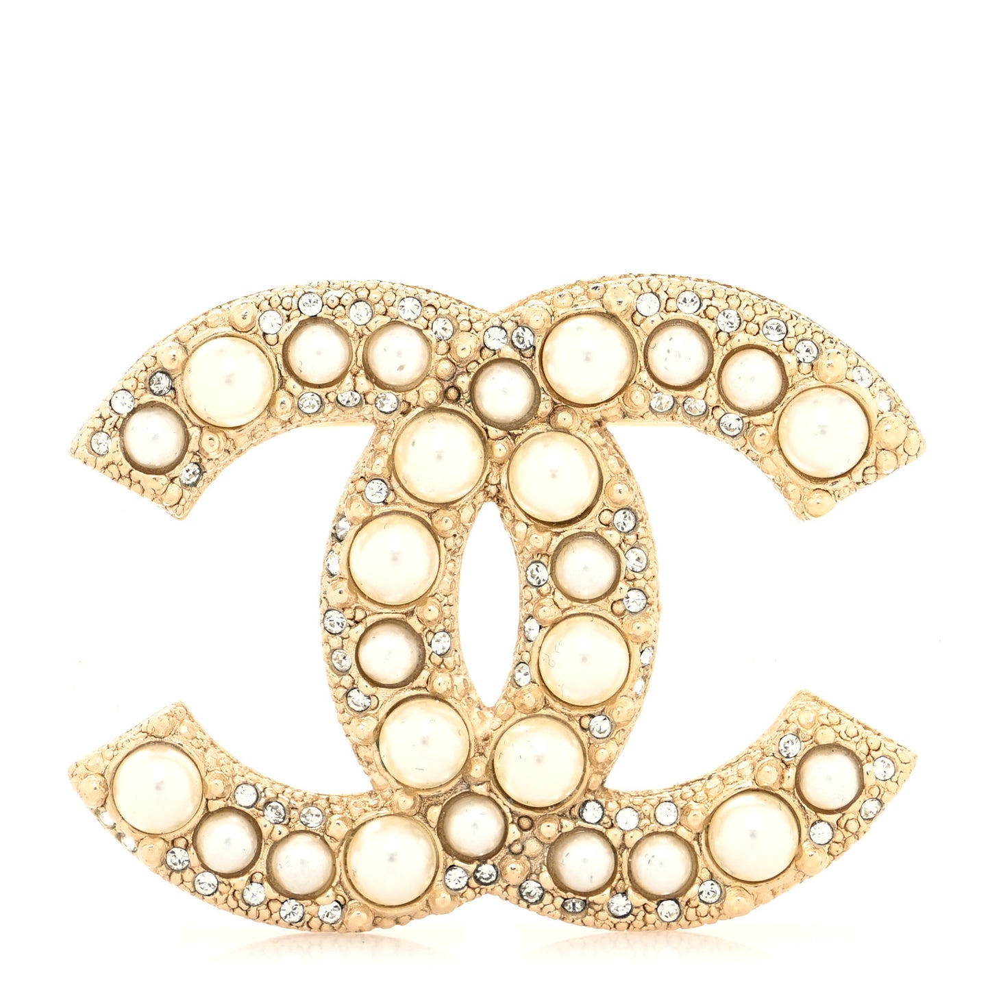 Metal Crystal Graduated Pearl CC Brooch Gold