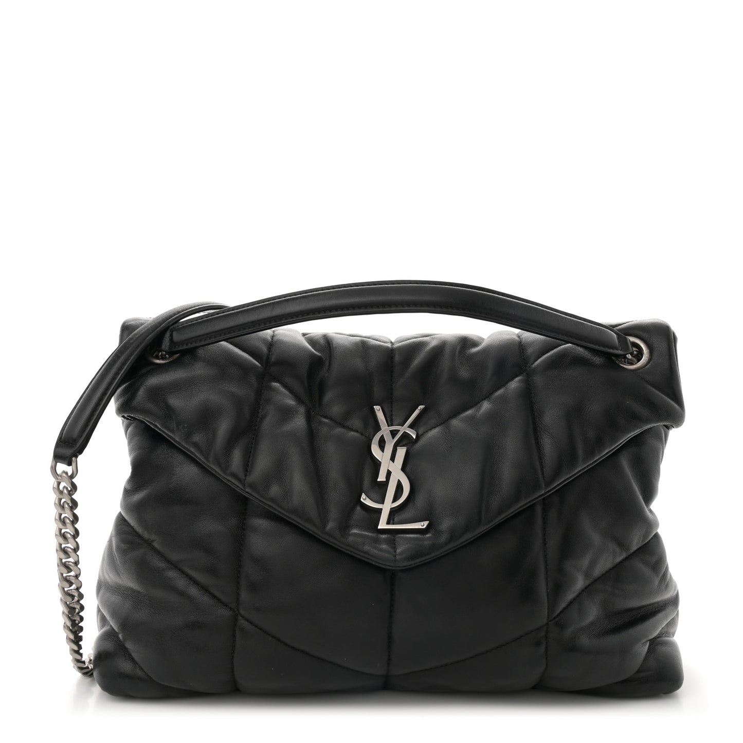 Lambskin Quilted Medium Loulou Puffer Monogram Chain Satchel Black