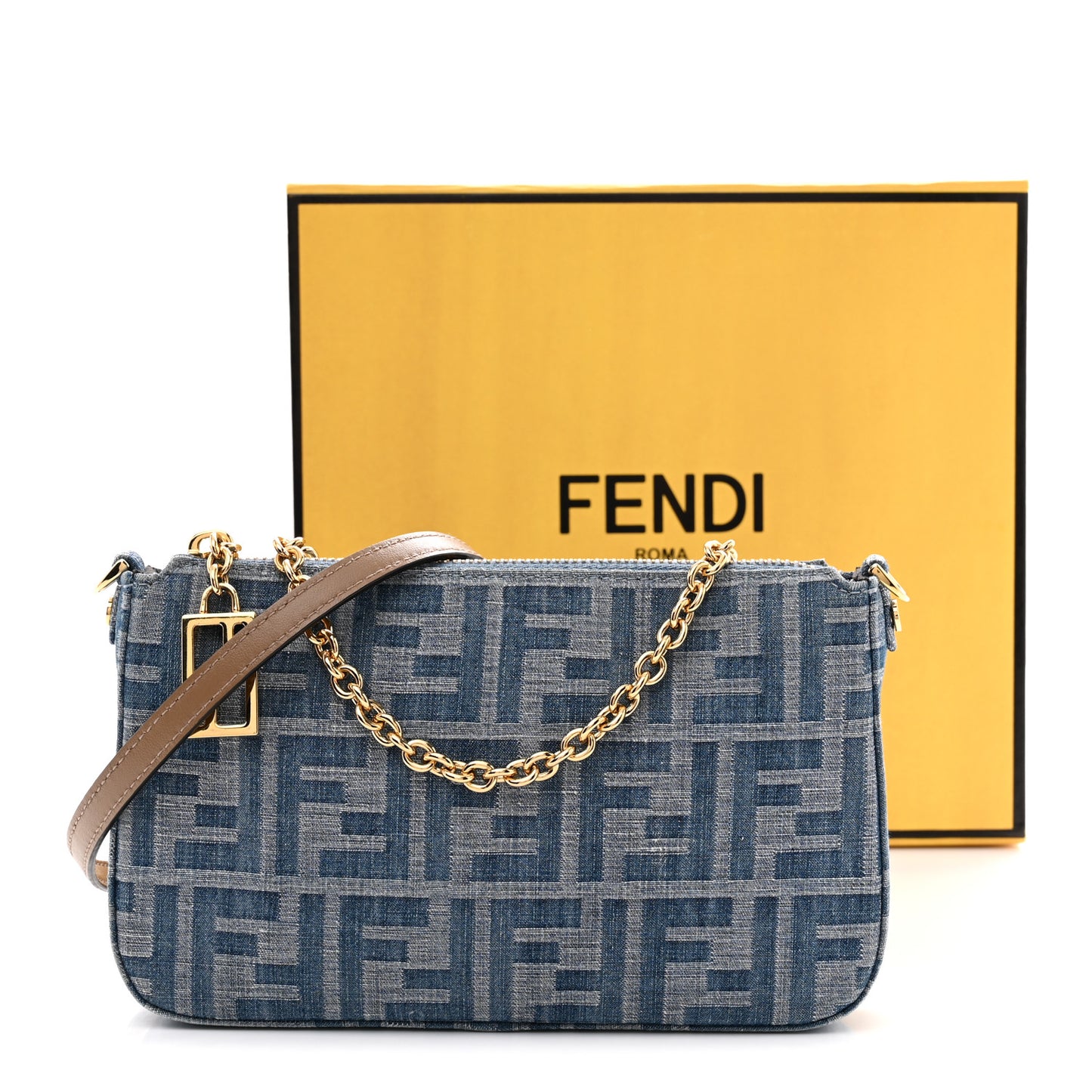 Denim Effect Fabric Jacquard FF Baguette Pouch Blue