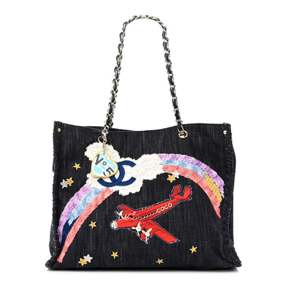 Chanel Denim Embroidered Night Flight Tote Blue 1 of 11