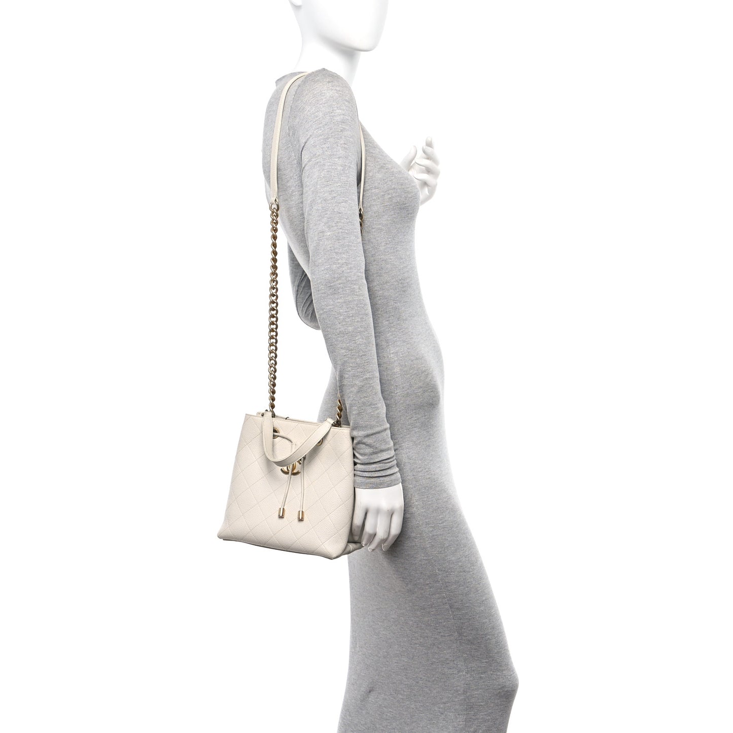 Grained Calfskin Stitched Small Drawstring Bag White