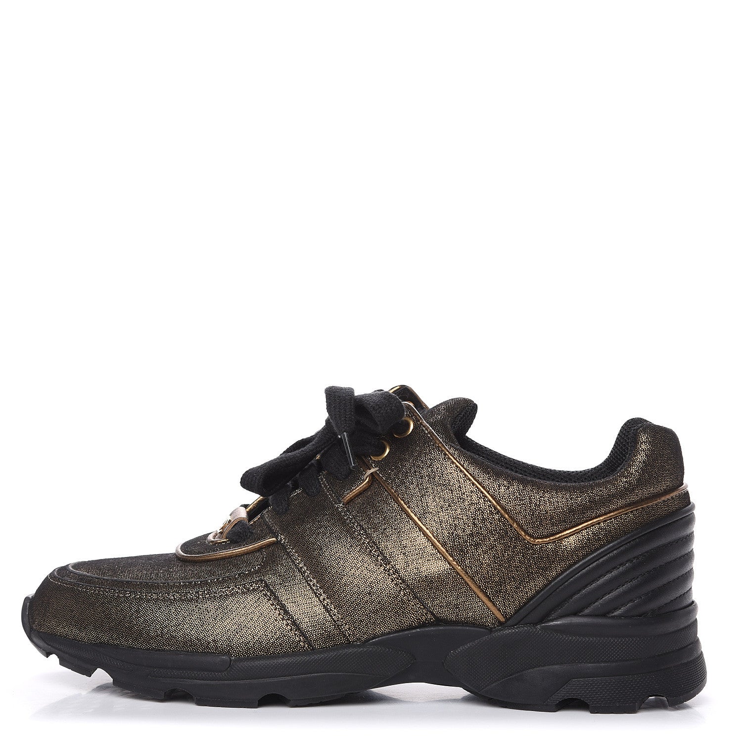 Chanel Metallic Fabric Calfskin Womens CC Sneakers 39 Golden Brown 1 of 7