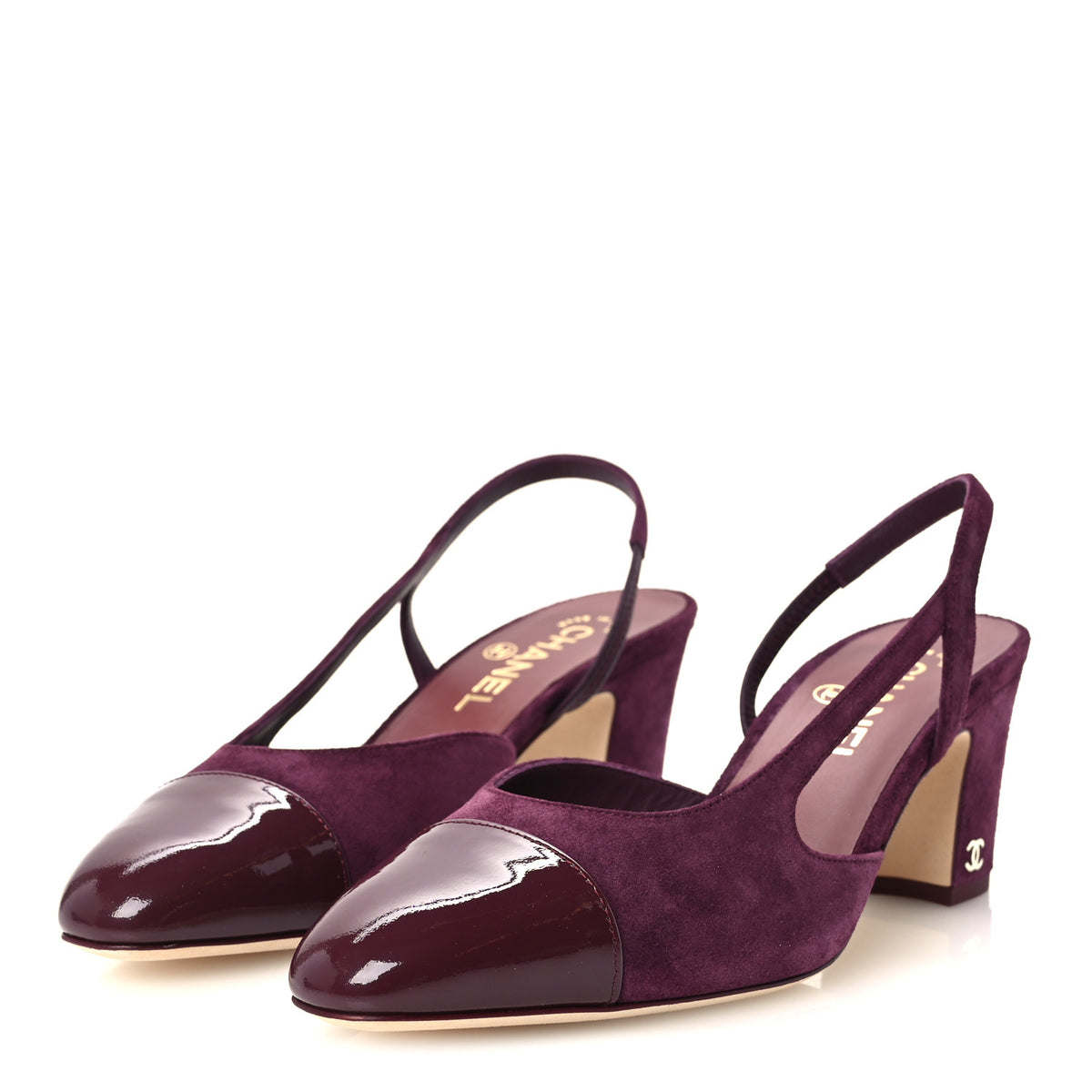 Suede Patent Cap Toe CC Slingback Pumps 38.5 Burgundy
