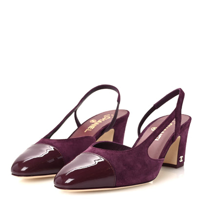 Chanel Suede Patent Cap Toe CC Slingback Pumps 38.5 Burgundy 4 of 10
