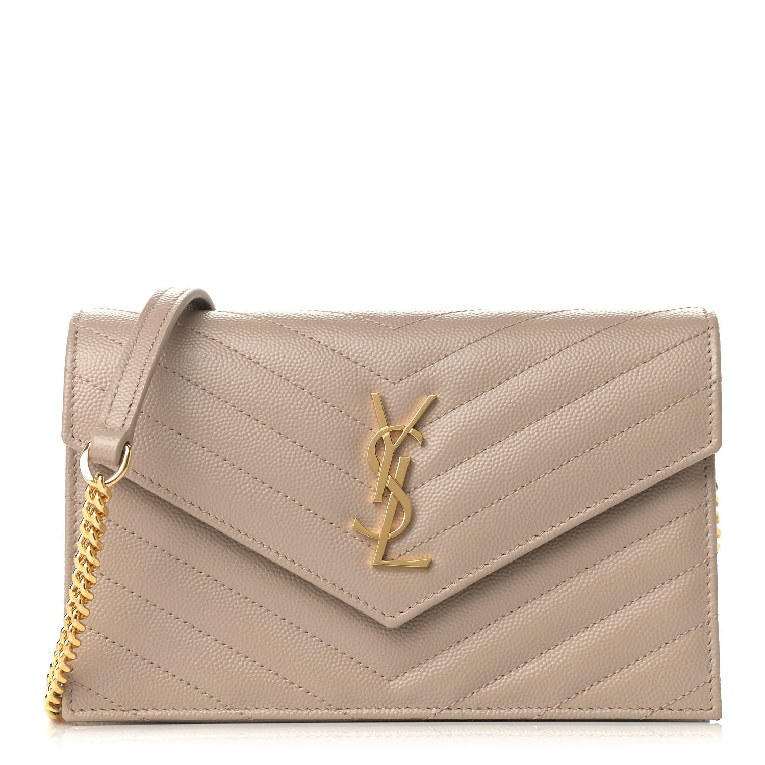 Saint Laurent Grain De Poudre Matelasse Chevron Monogram Envelope Chain Wallet Dark Beige 1 of 9