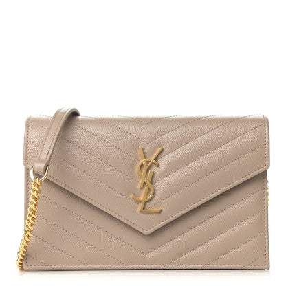 Saint Laurent Grain De Poudre Matelasse Chevron Monogram Envelope Chain Wallet Dark Beige 1 of 9