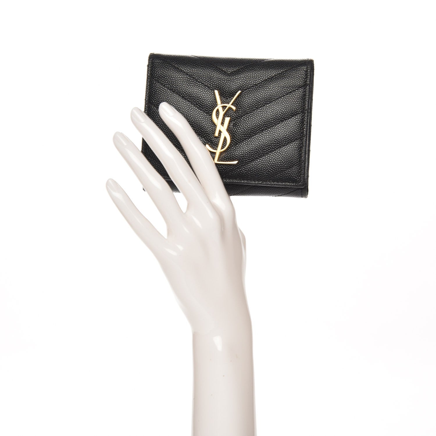 Saint Laurent Grain De Poudre Matelasse Chevron Monogram Compact Wallet Black 2 of 8