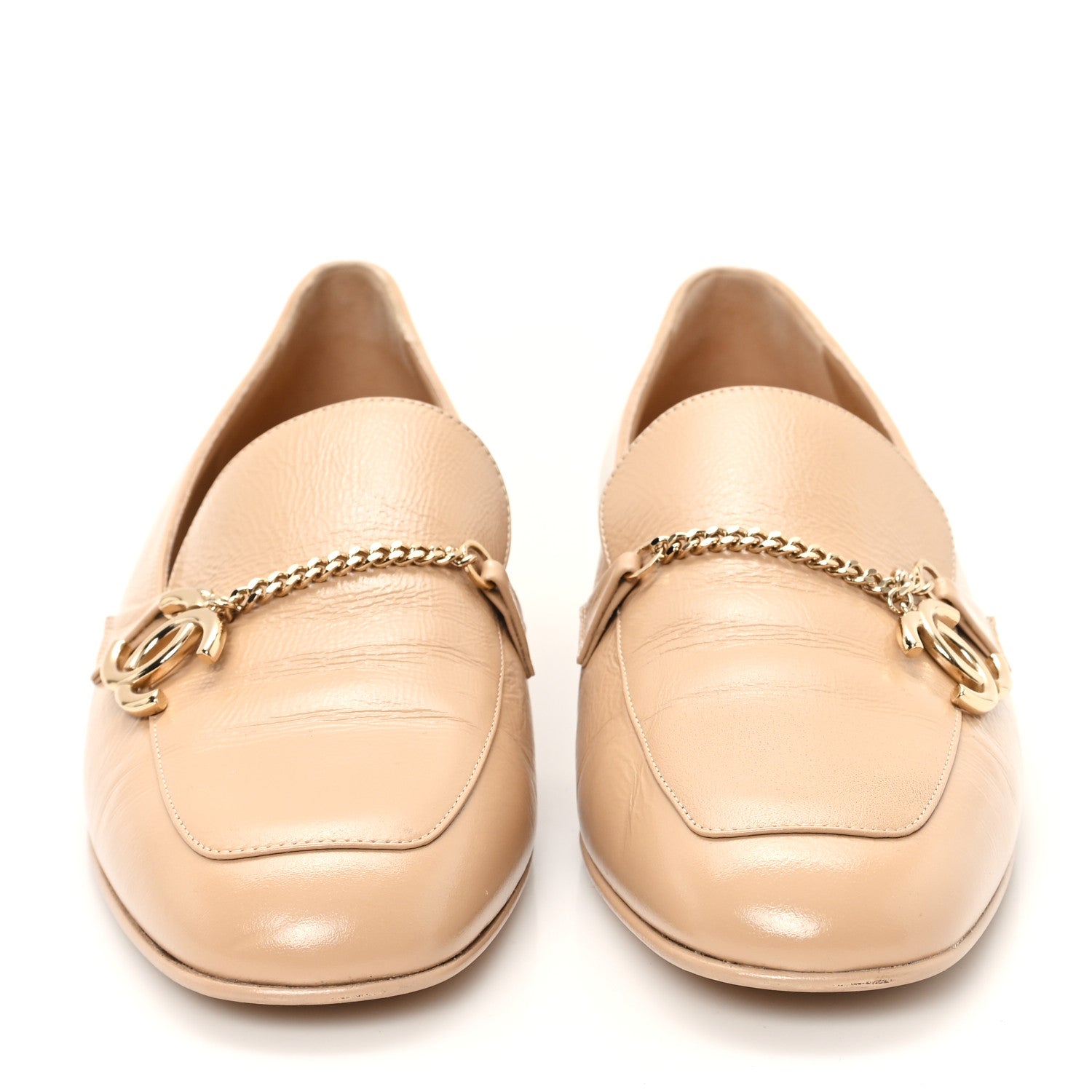 Chanel Crinkled Calfskin Chain CC Mocassin Loafers 39 Beige