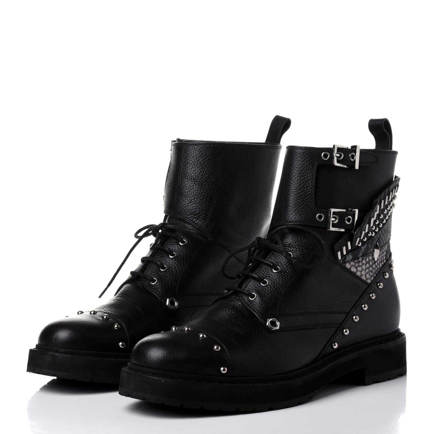 Calfskin Studded Bugs Combat Boots 36.5 Black