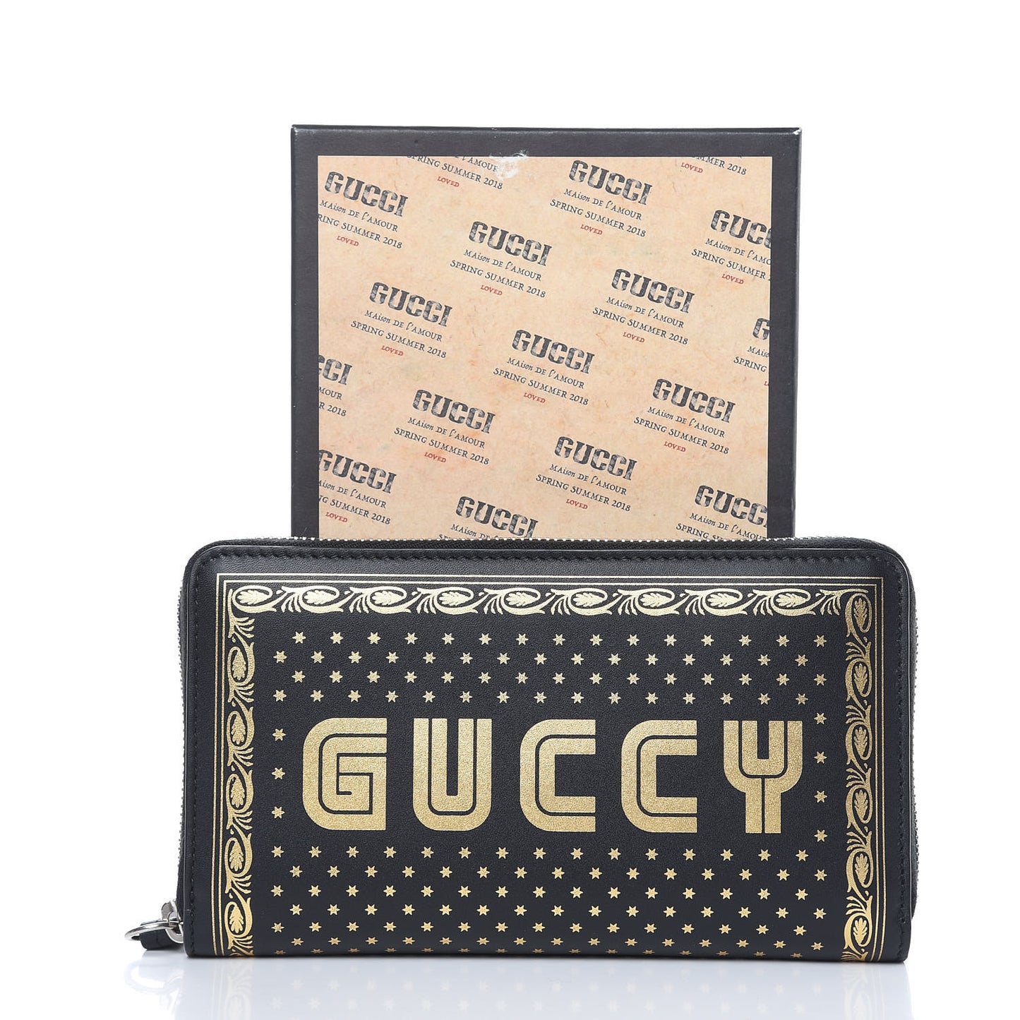 X SEGA Calfskin GUCCY Stars Zip Around Wallet Black Gold