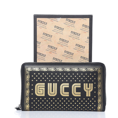 Gucci X SEGA Calfskin GUCCY Stars Zip Around Wallet Black Gold 10 of 10