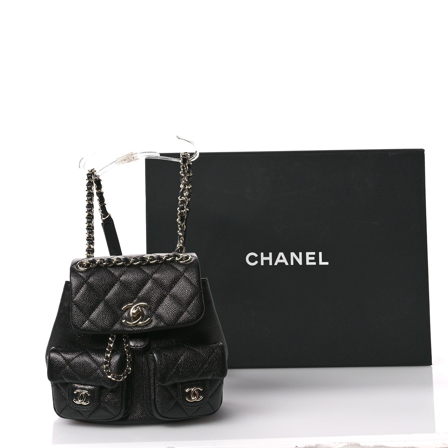 Shiny Caviar Quilted Small Duma Pockets Drawstring Backpack Black