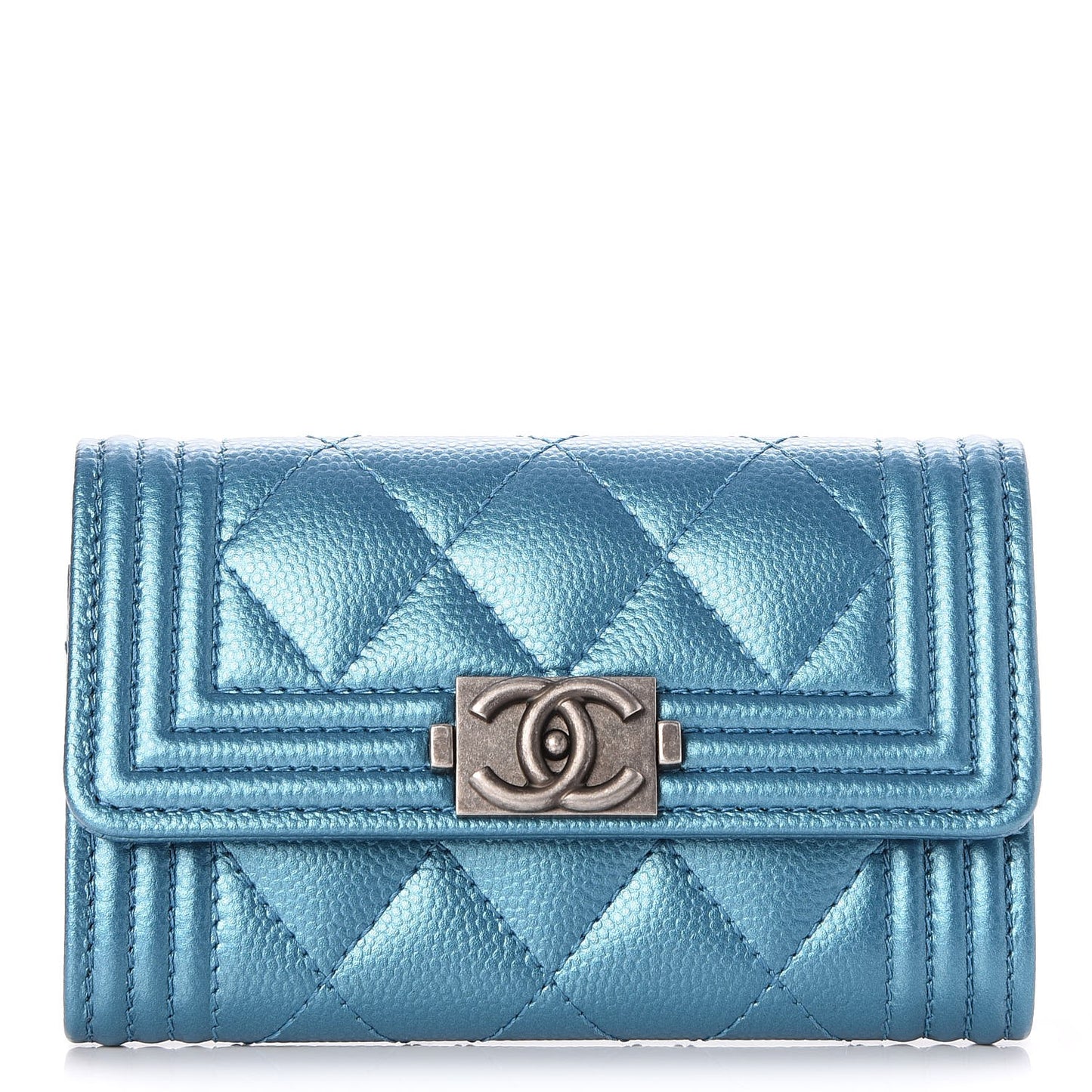 Metallic Caviar Quilted Boy Card Holder Wallet Turquoise