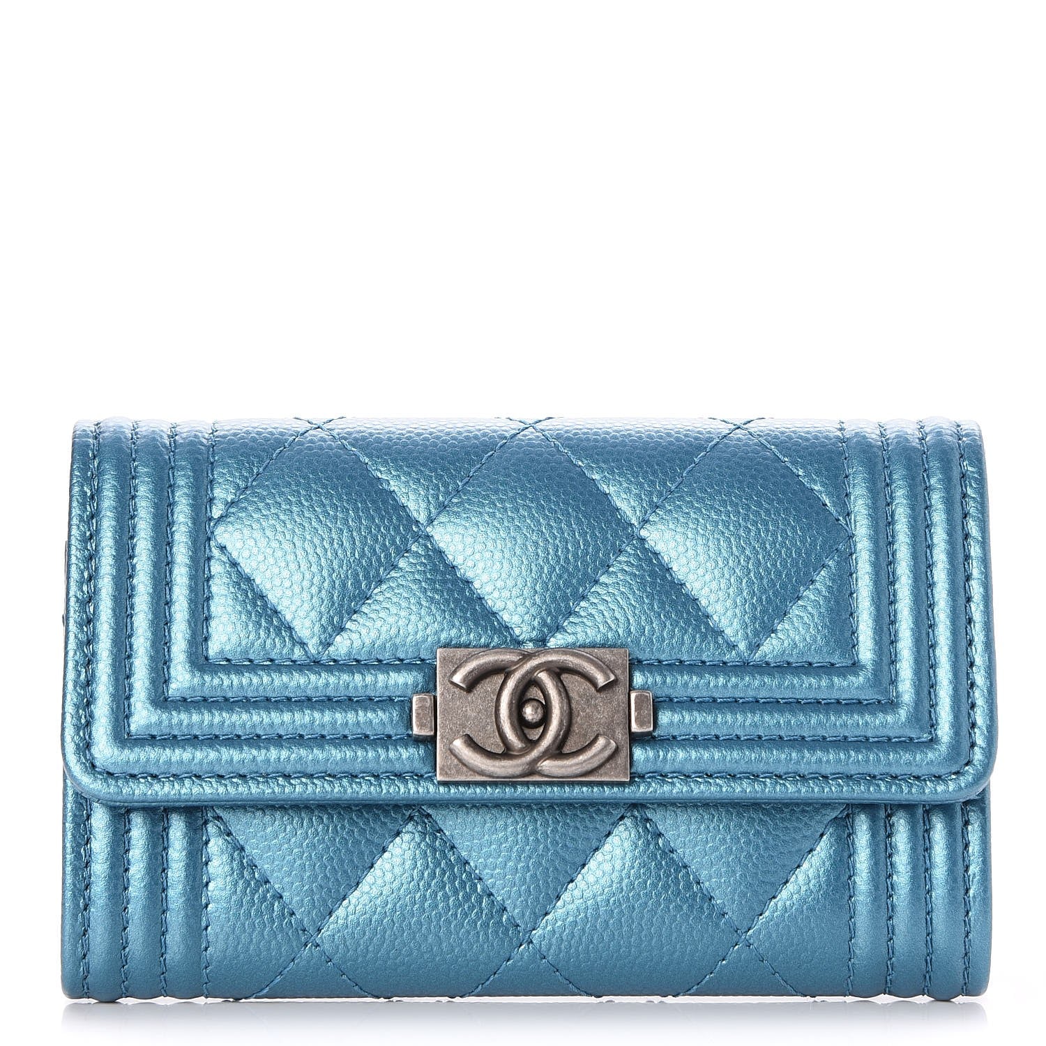 Chanel Metallic Caviar Quilted Boy Card Holder Wallet Turquoise 1 of 8