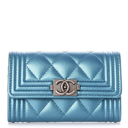 Chanel Metallic Caviar Quilted Boy Card Holder Wallet Turquoise 1 of 8