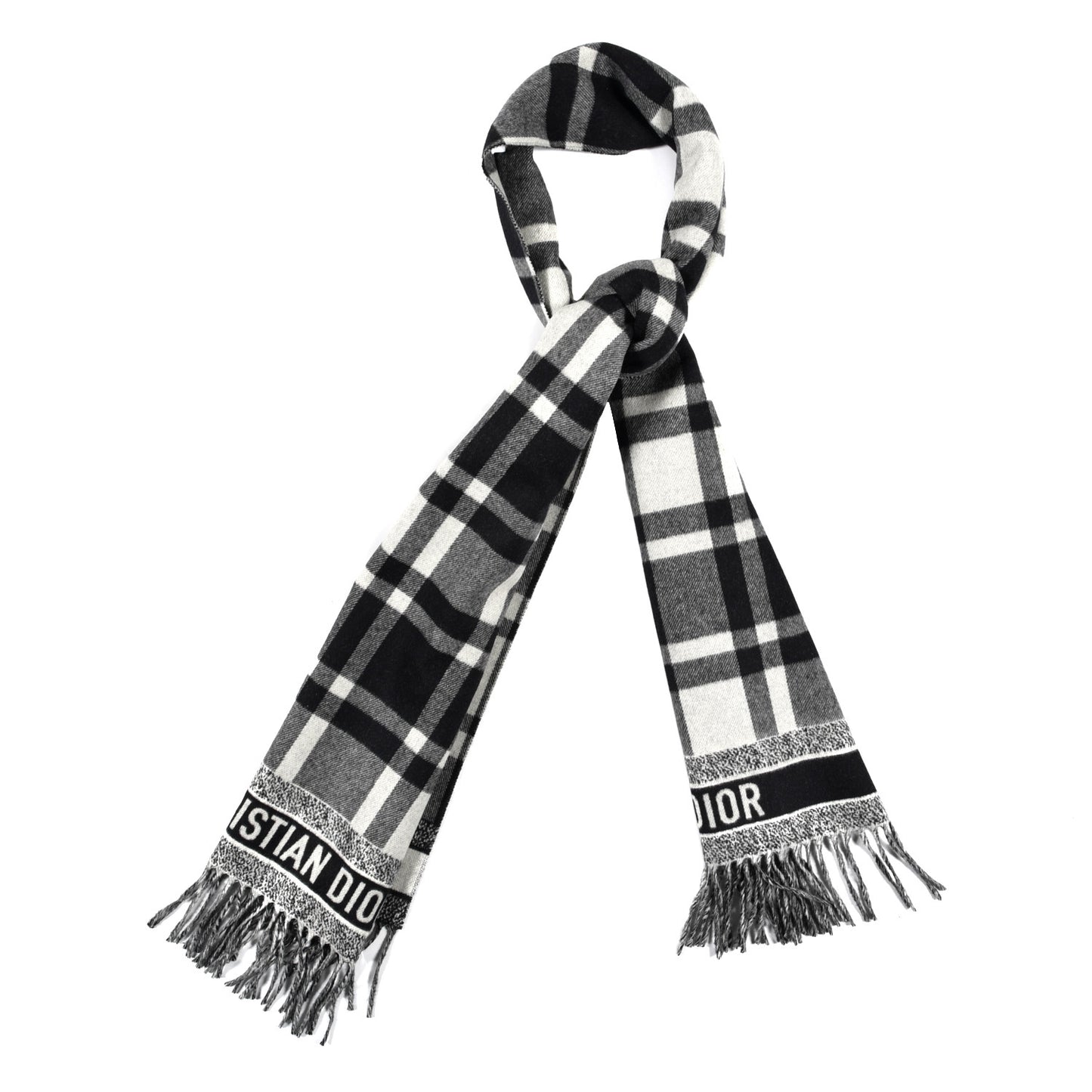 Wool Angora Check'n'Dior Fringe Scarf White Black