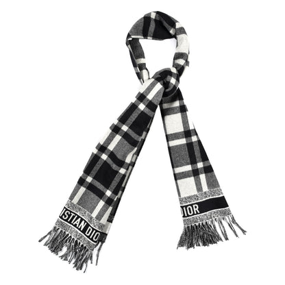 Christian Dior Wool Angora Check'n'Dior Fringe Scarf White Black 1 of 4
