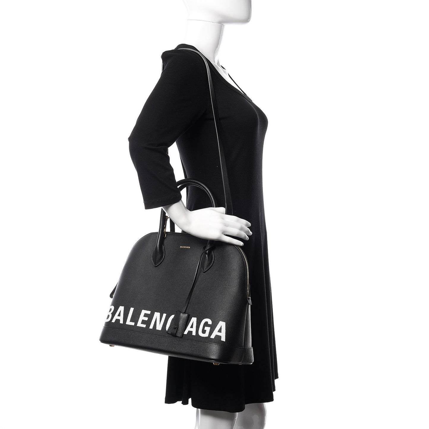 Signature Grained Calfskin Logo M Ville Top Handle Bag Black