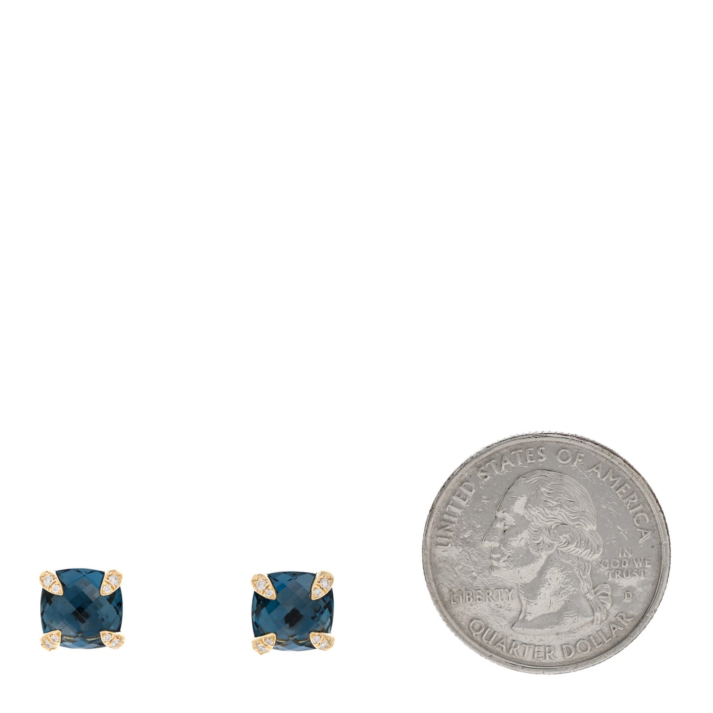 18K Yellow Gold Diamond Blue Topaz 8mm Chatelaine Stud Earrings