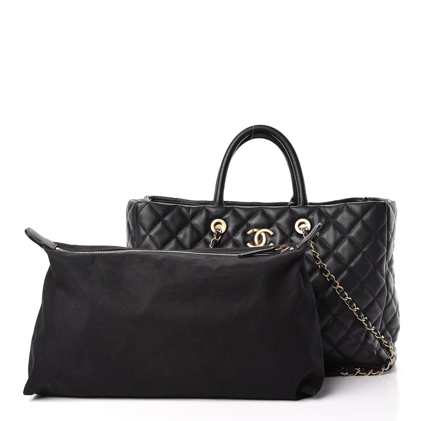 Caviar Quilted Large Coco Handle Shopping Tote Black