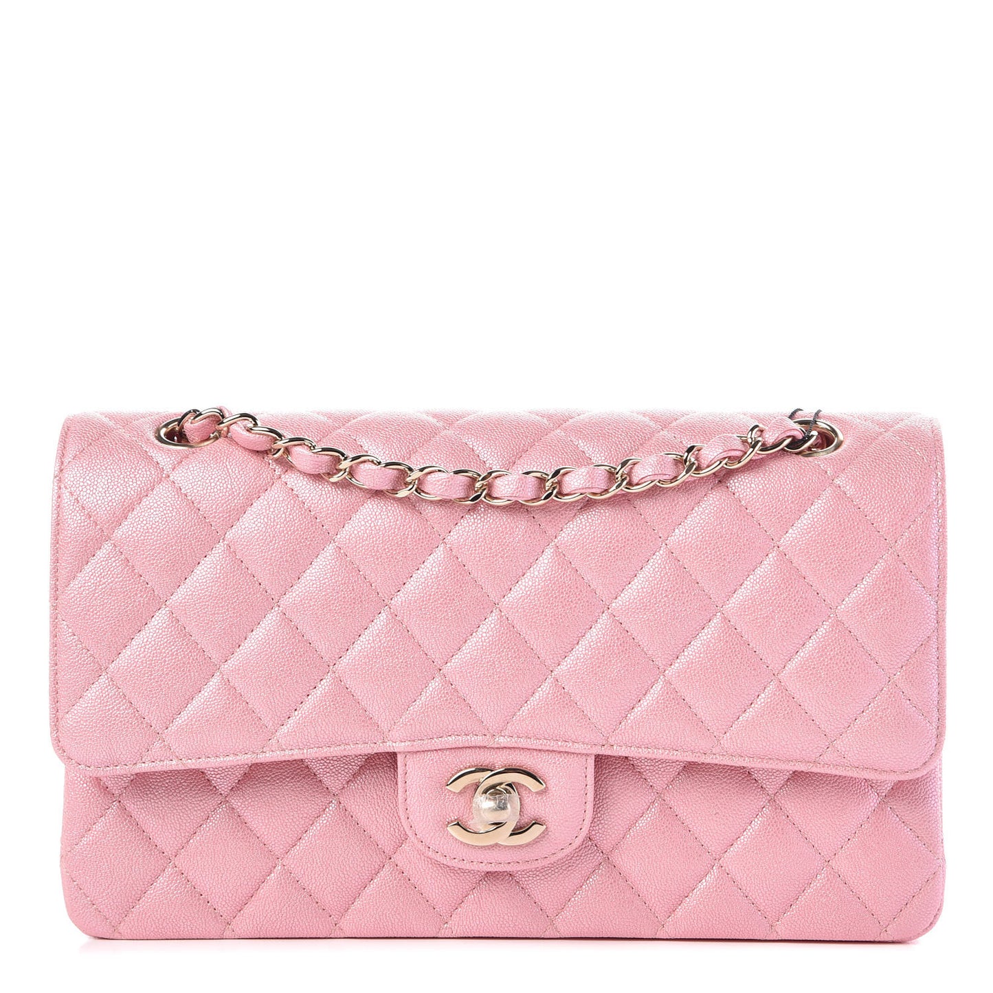 Iridescent Caviar Quilted Medium Double Flap Rose Pink