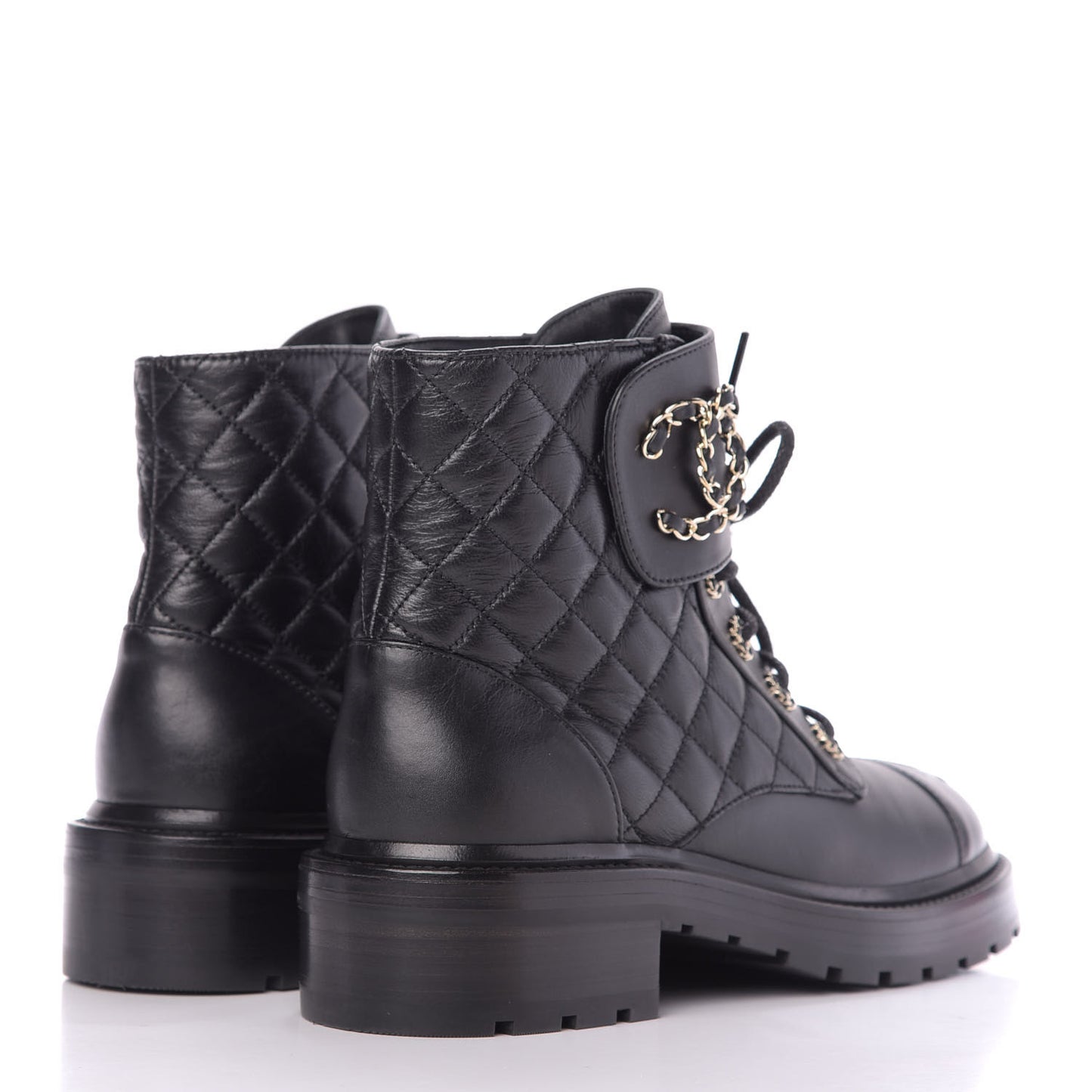 Shiny Lambskin Quilted Lace Up Combat Boots 38 Black