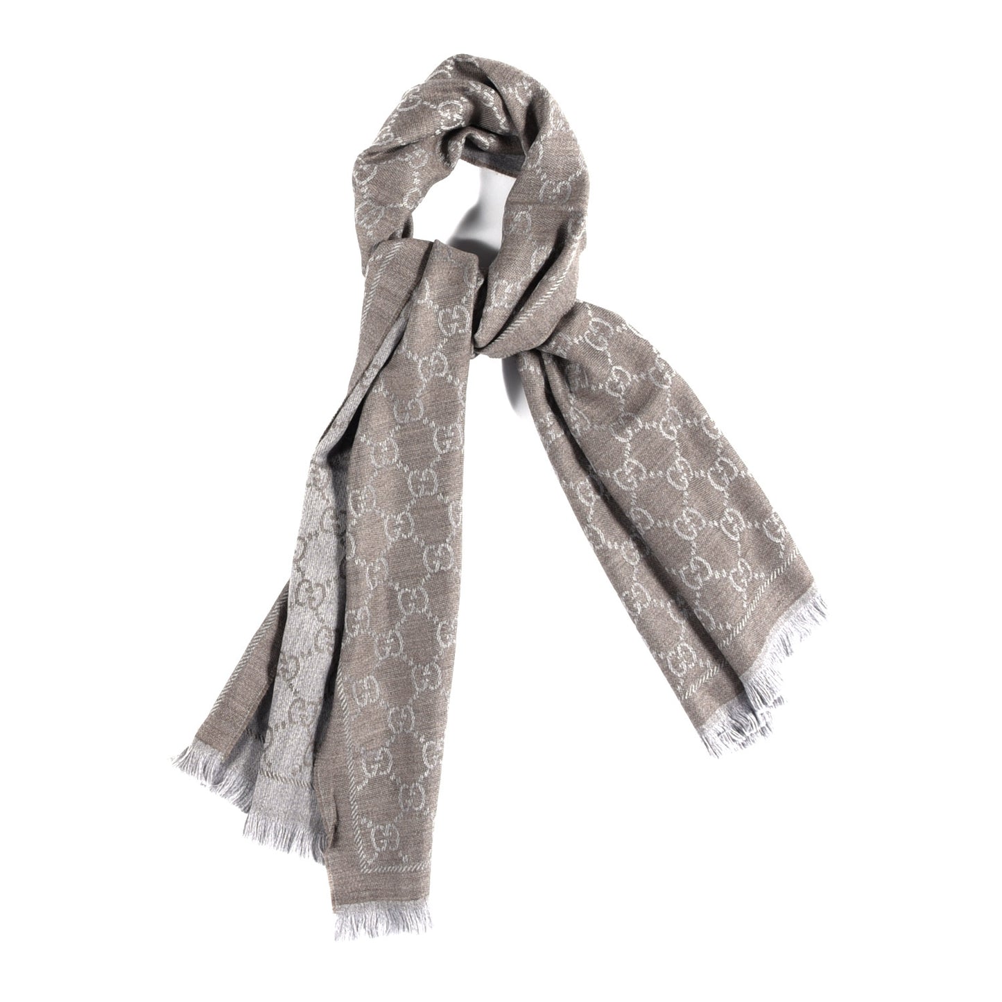 Wool Jacquard GG Monogram Sten Fringe Scarf Taupe Light Grey