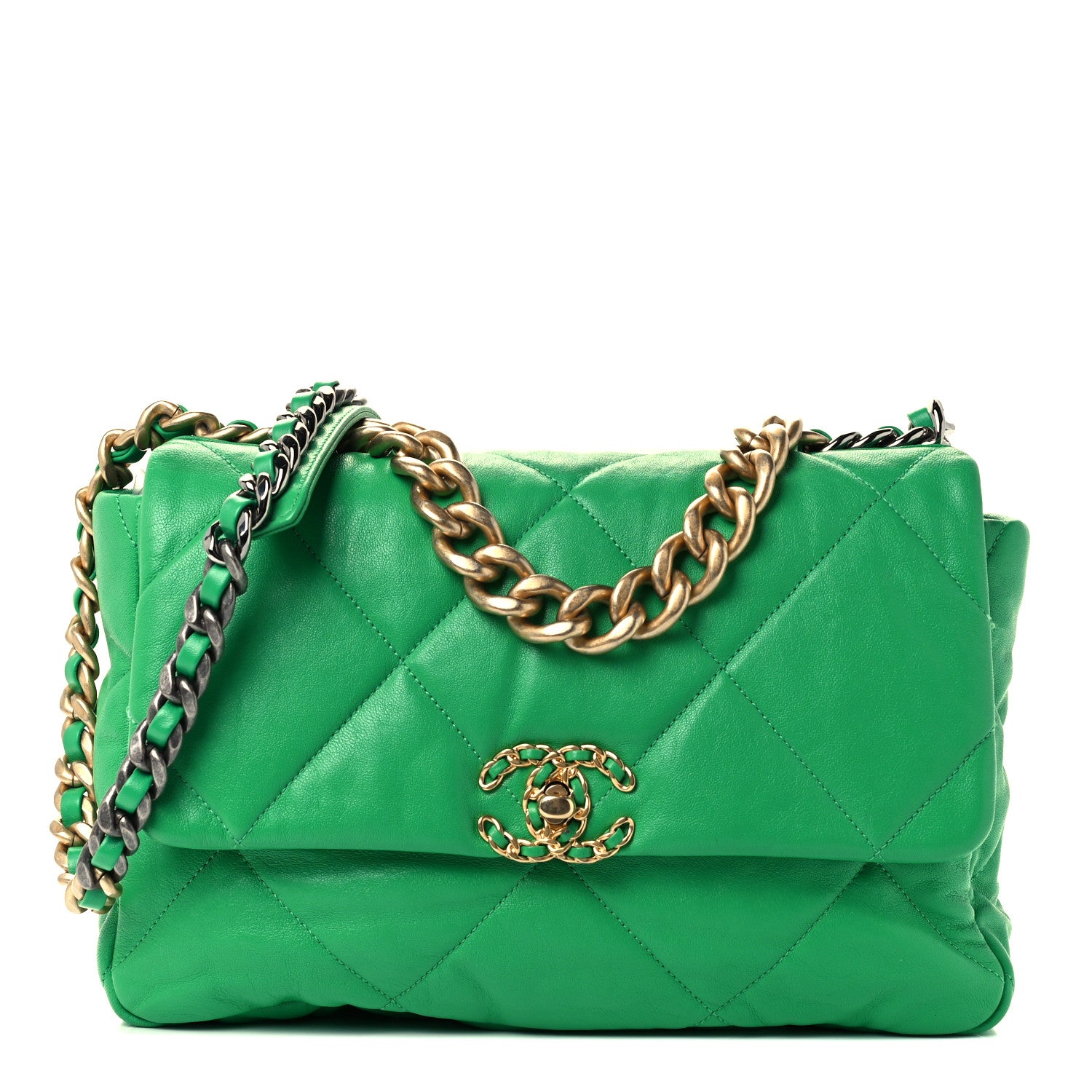 Chanel Goatskin Quilted Large Chanel 19 Flap Green 1 of 10