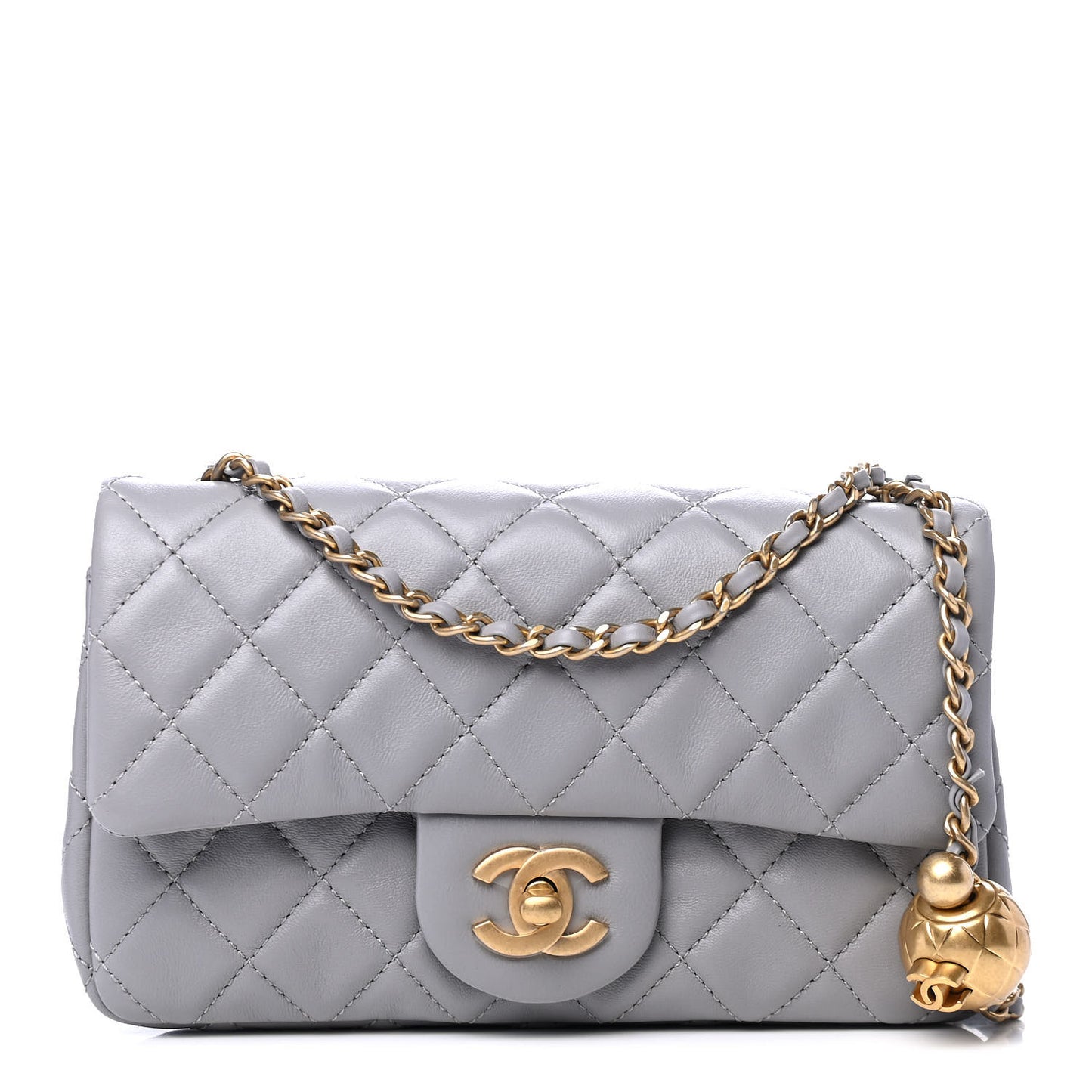 Lambskin Quilted Mini Rectangular Pearl Crush Flap Grey