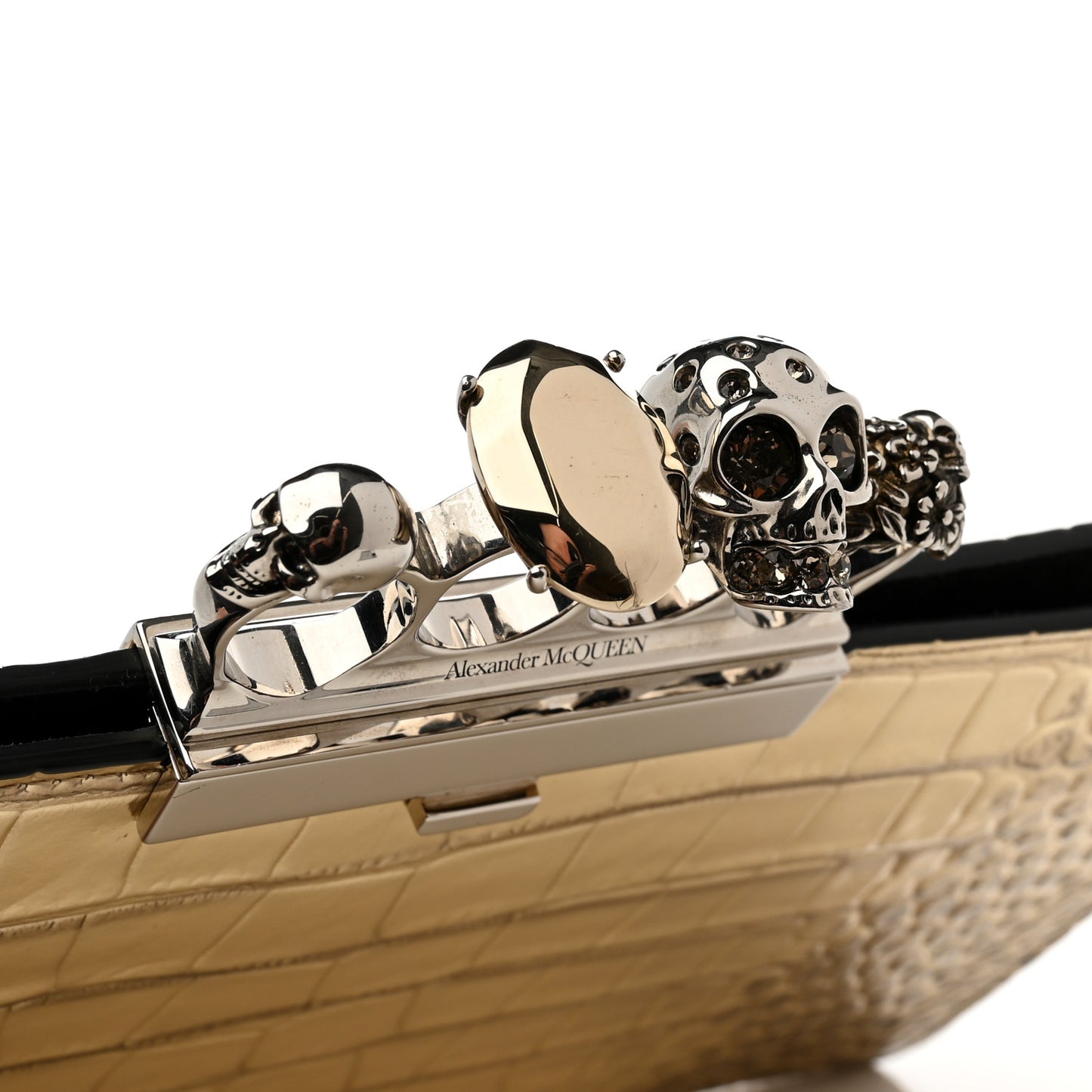 Metallic Calfskin Crocodile Embossed Knuckle Flat Clutch Gold