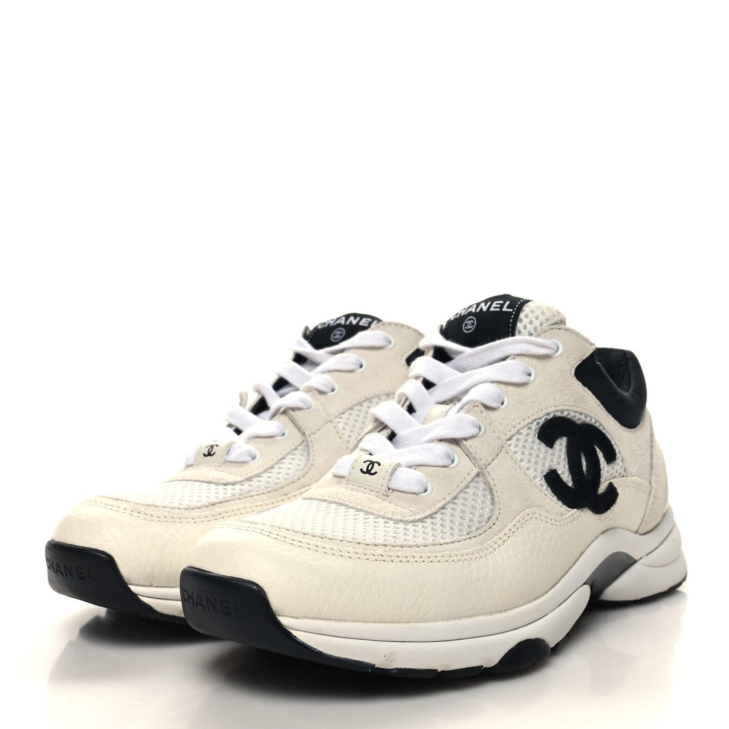 Mesh Suede Calfskin Grained Calfskin Womens CC Sneakers 38.5 White Black