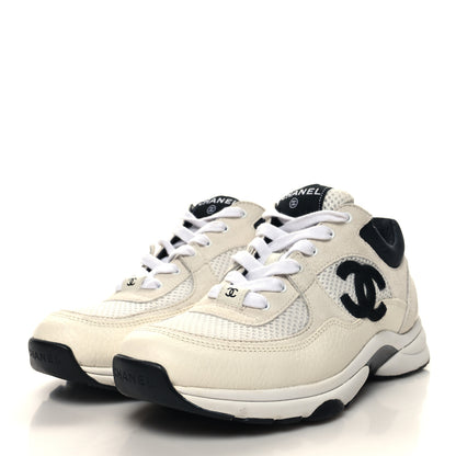 Chanel Mesh Suede Calfskin Grained Calfskin Womens CC Sneakers 38.5 White Black 3 of 8